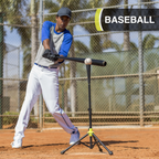 Person practicing baseball batting with a stand on a field